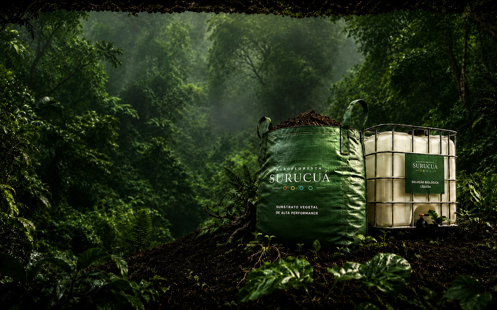 Big Bag de substrato vegetal e reservatório IBC de solução biológica Surucuá, sobre solo florestal entre a mata.