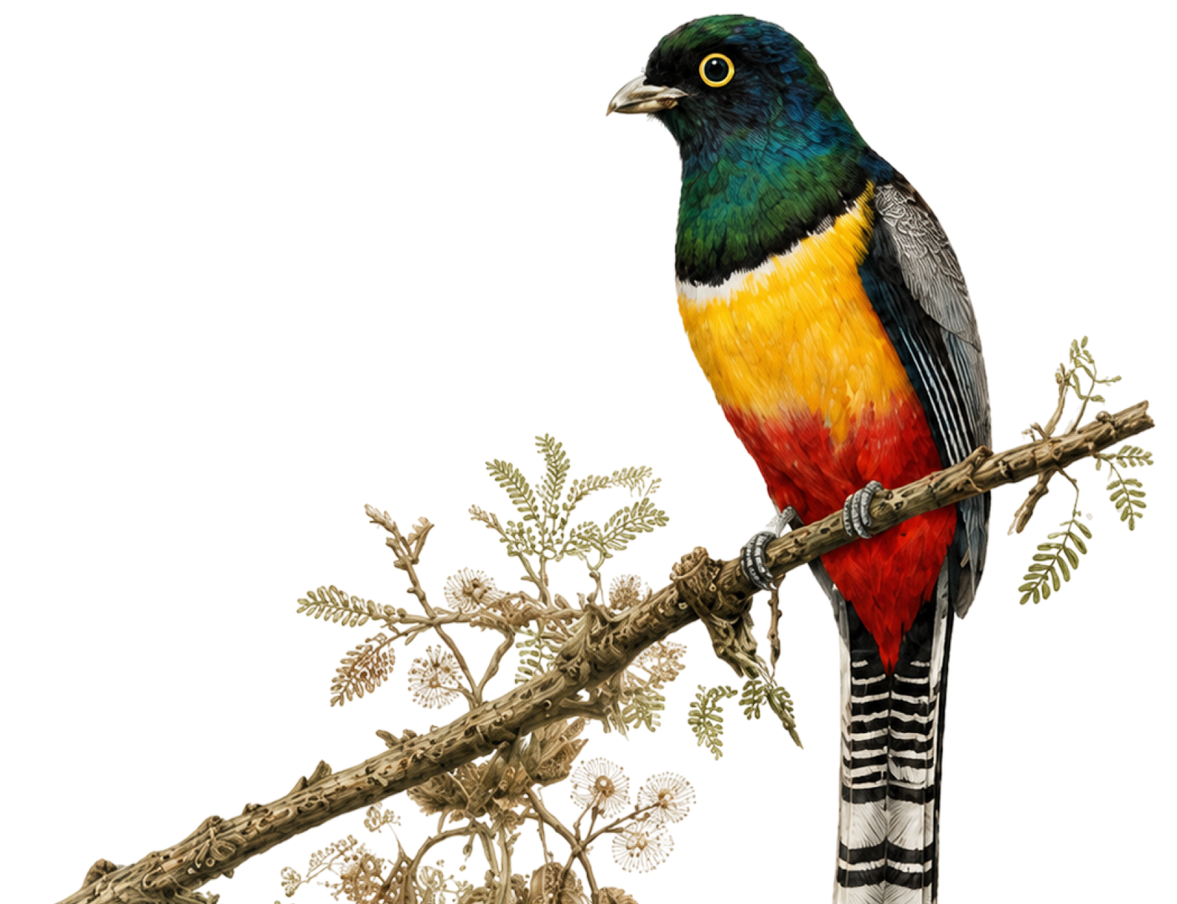 Surucuá (Trogon surrucura), ave-símbolo da Mata Atlântica, pousado em um galho florido.
