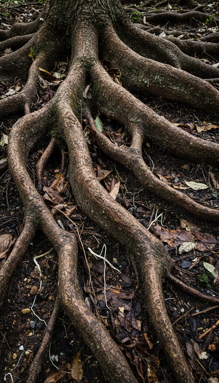 Raízes expostas de uma árvore no solo da floresta.