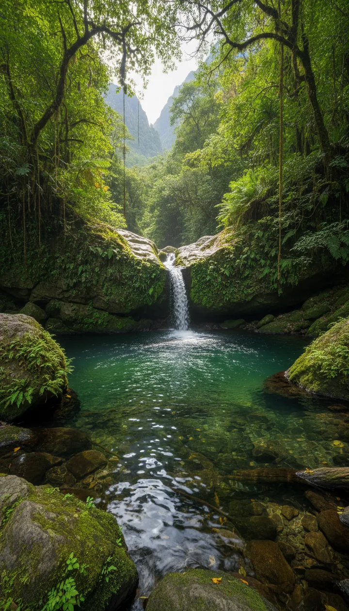 Cachoeira e poço de água cristalina entre as rochas da mata.